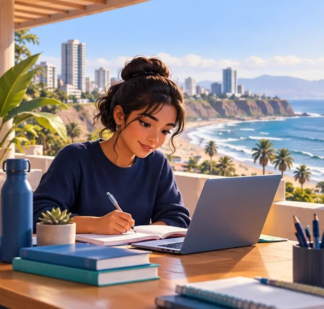 Médica estudiando frente al mar de la costa peruana