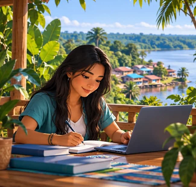 Médica estudiando junto a un río de la selva