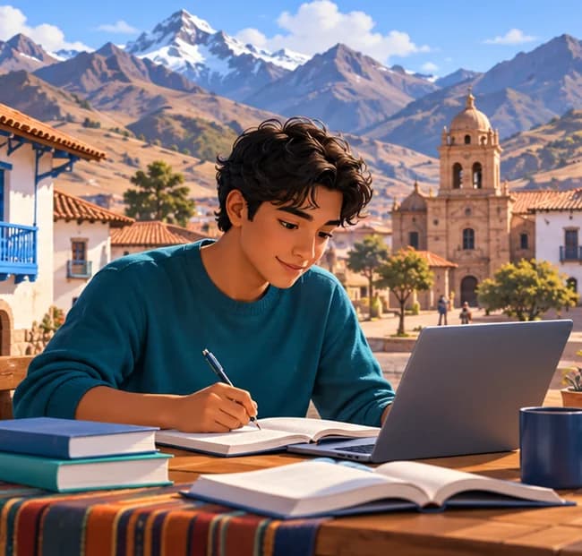 Médico estudiando en un pueblo de la sierra con montañas nevadas